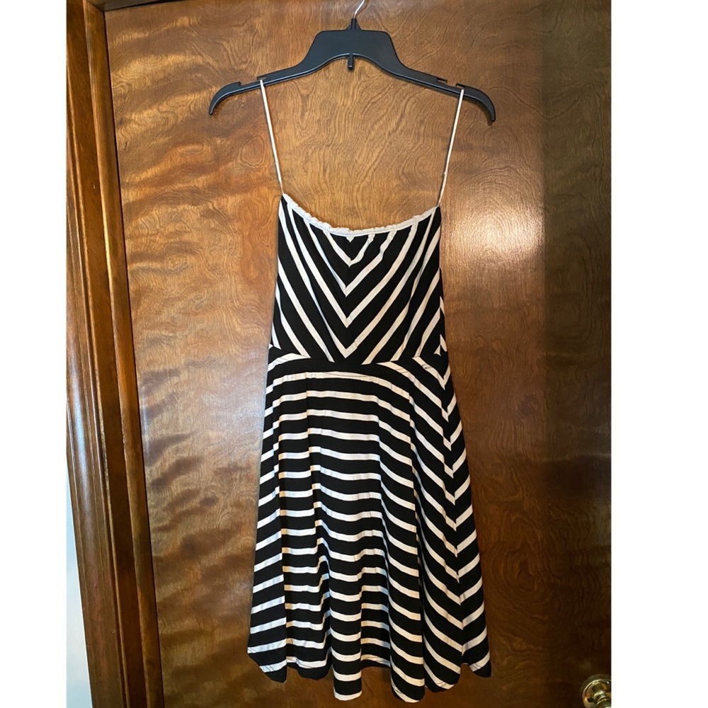 Black and white striped strapless dress